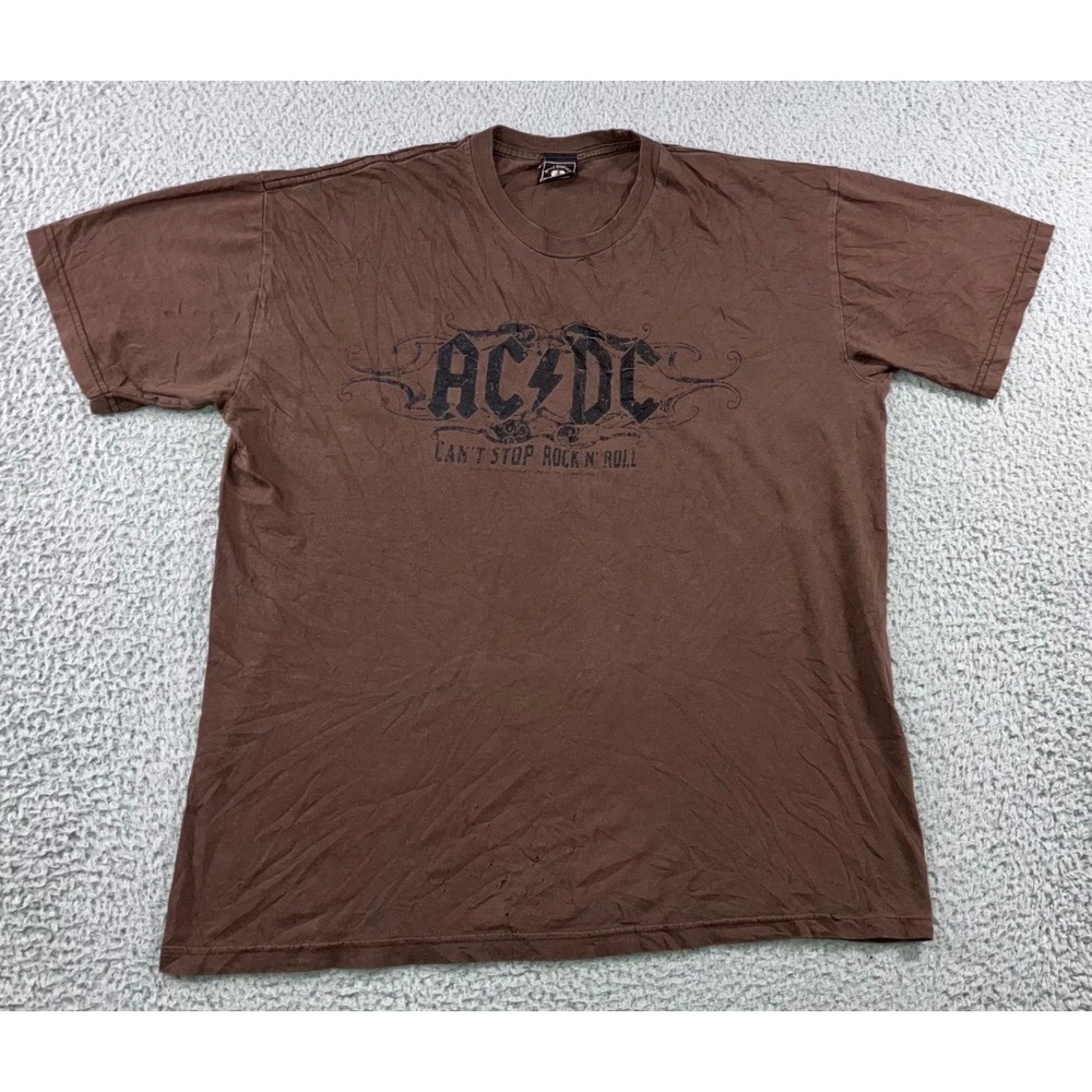 Vtg AC/DC T-Shirt Men L Brown Can't Stop Rock N Roll Graphic Tee 2000s Relaxed - Picture 1 of 9